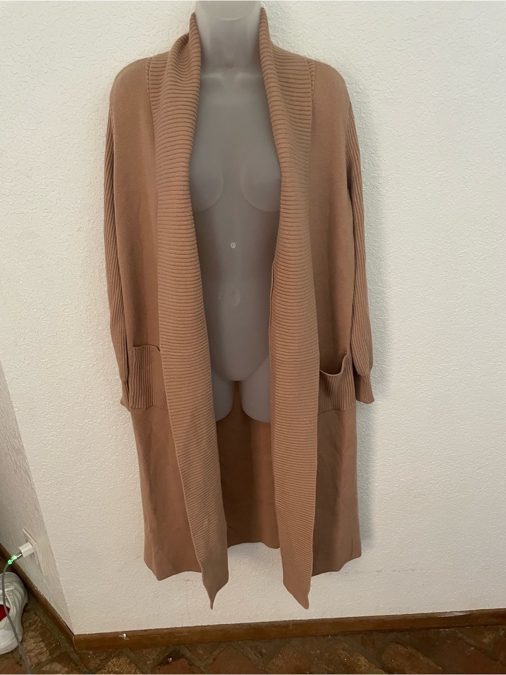 Open-Front Ribbed Shawl Collar Cardigan in Tan